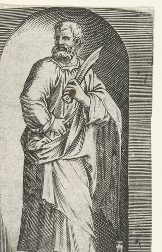 Apostel Bartolomeüs met mes staand in nis by anonymous, print, 1517-1577