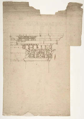 Arch of Septimius Severus, ornamental cornice and pilaster (recto) Arch of Septimius Severus, cornice with ornamental frame moulding (verso) by anonymous, drawing, 1500-1560