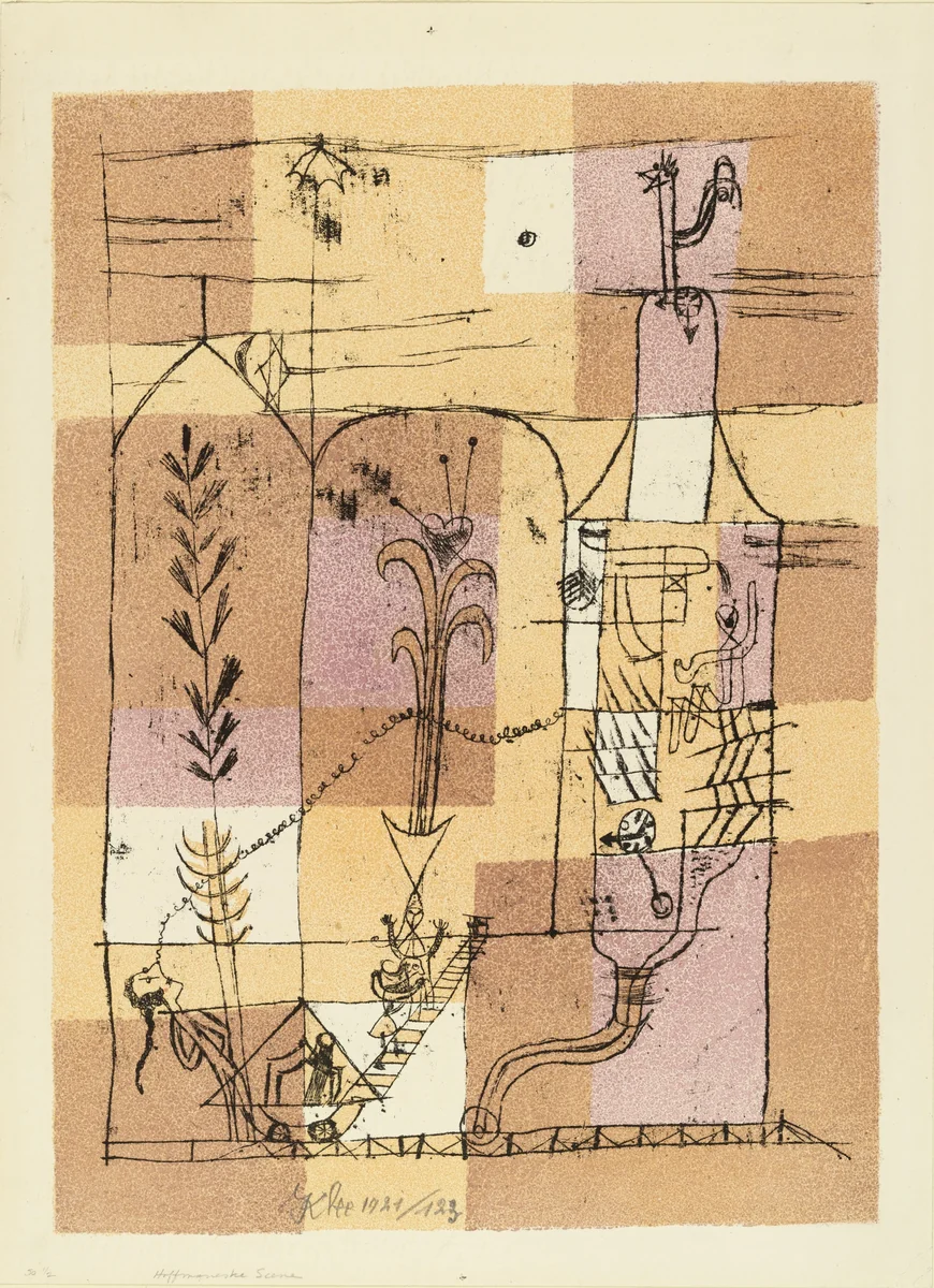 Hoffmannesque Scene (Hoffmanneske Szene) from the portfolio New European Graphics, 1st Portfolio: Masters of the State Bauhaus, Weimar (Neue europäische Graphik, 1. Mappe: Meister des Staatlichen Bauhauses in Weimar), 1921 by Paul Klee, print, 1921