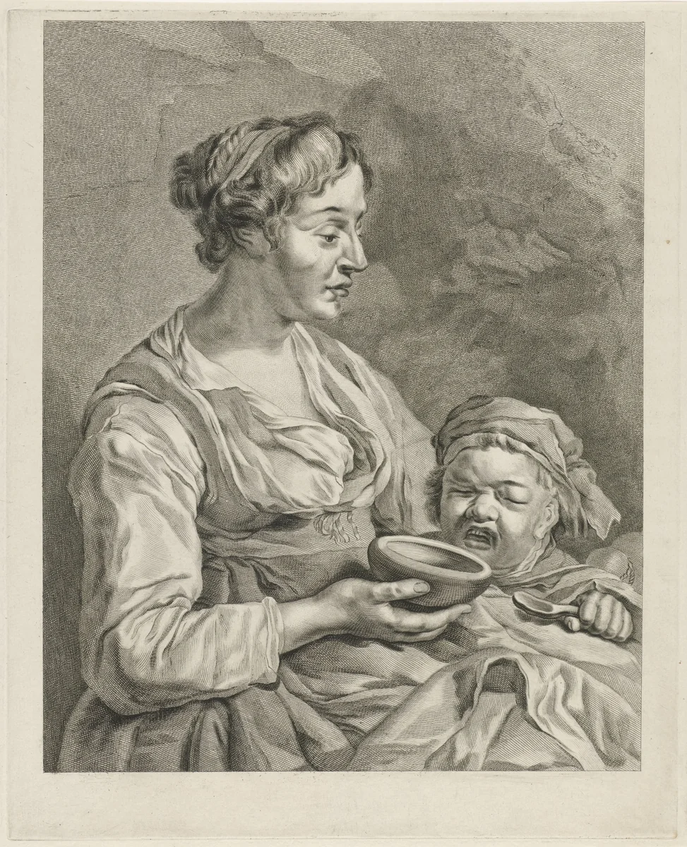 Moeder geeft haar kind te eten by Pieter de Mare, print, 1786-1796