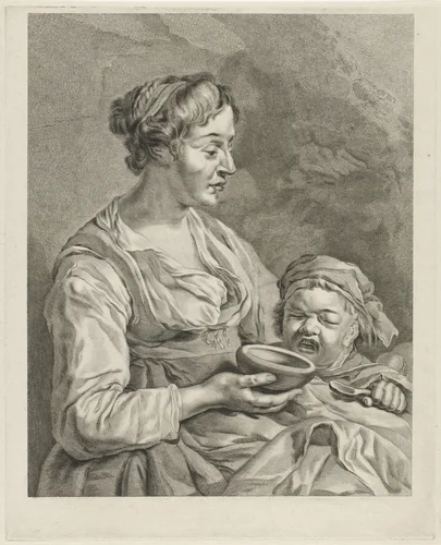 Moeder geeft haar kind te eten by Pieter de Mare, print, 1786-1796