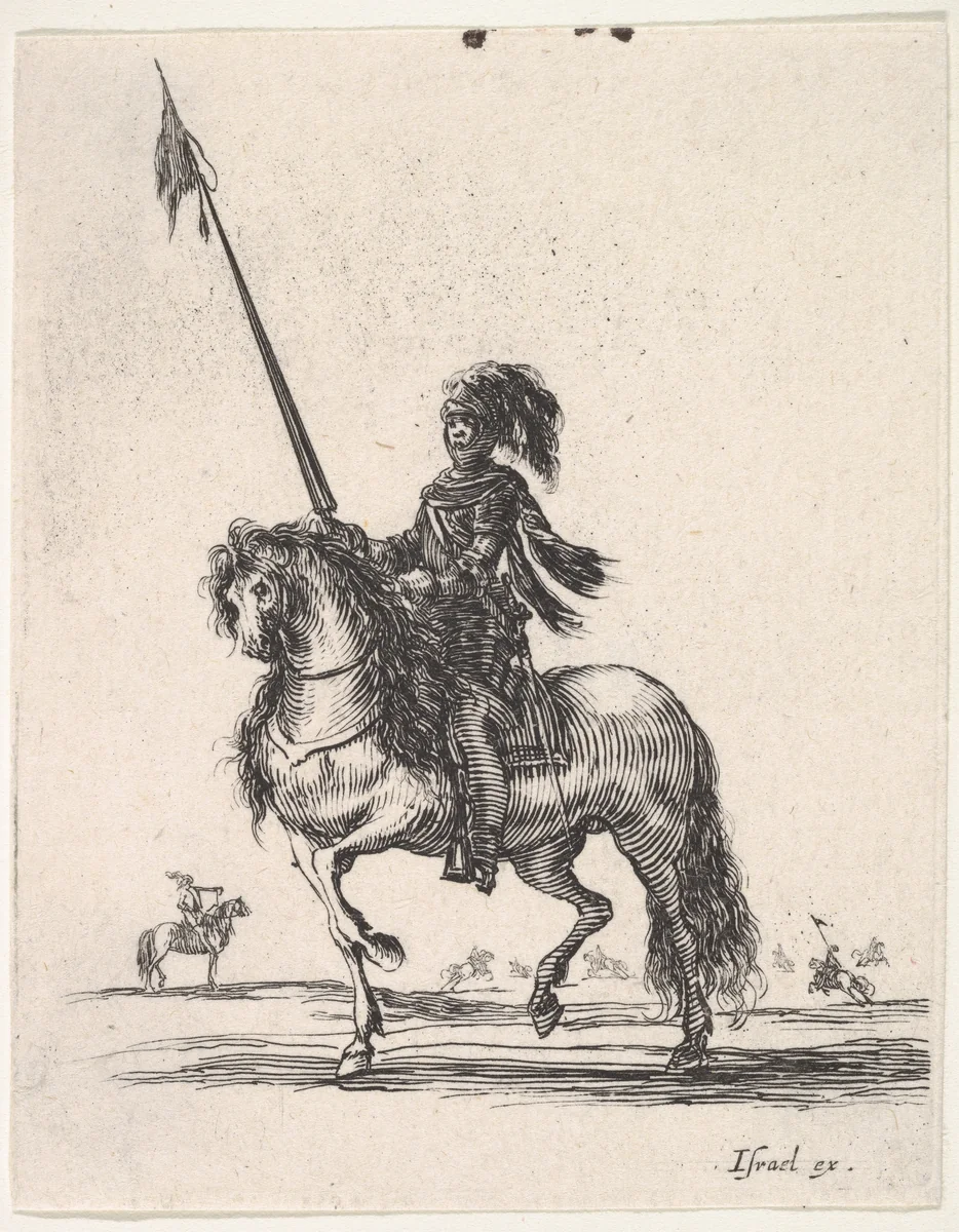 Mounted cuirassier holding a lance upright and riding towards left, other horsemen in the background, from "Various cavalry exercises" (Diverses exercices de cavalerie) by Stefano della Bella, print, 1642-1645