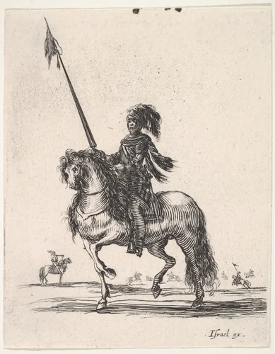 Mounted cuirassier holding a lance upright and riding towards left, other horsemen in the background, from "Various cavalry exercises" (Diverses exercices de cavalerie) by Stefano della Bella, print, 1642-1645