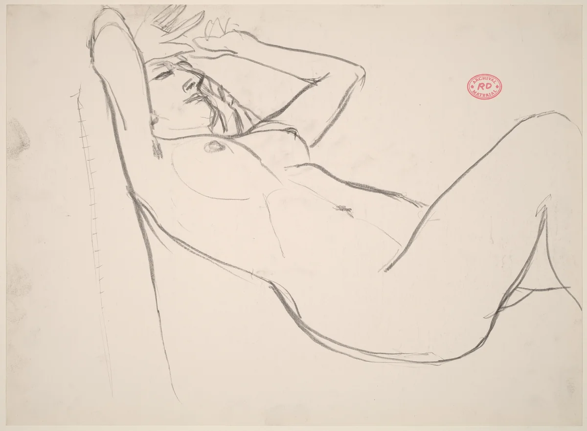 Untitled [reclining nude with her hands drawn to her forehead] by Richard Diebenkorn, drawing, 1955-1967