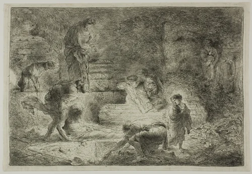 Tobit Burying the Dead by Giovanni Benedetto Castiglione, print, 1647-1651