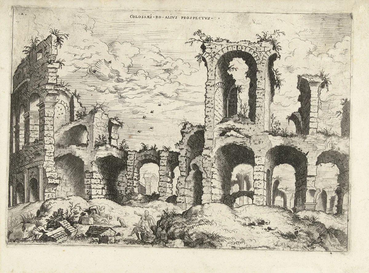 Tweede gezicht op het Colosseum te Rome by Hieronymus Cock, print, 1551