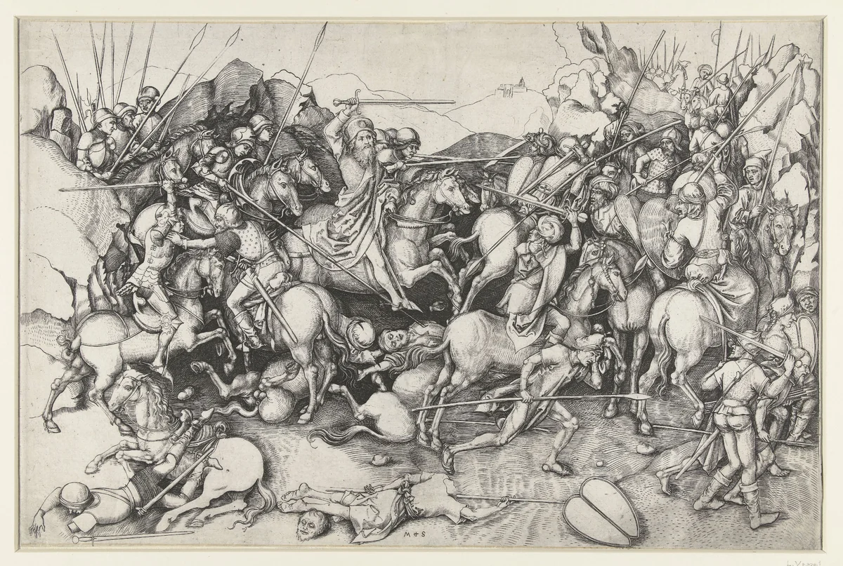 Heilige Jakobus de Meerdere (Jacobus Major) in de slag bij Clavijo by Unknown, print, 1450-1491