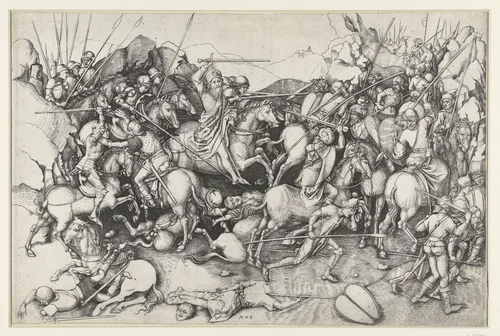 Heilige Jakobus de Meerdere (Jacobus Major) in de slag bij Clavijo by Unknown, print, 1450-1491