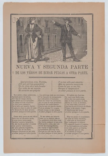 Broadsheet relating to a poor man who is in love with a wealthy woman but cannot provide for her, couple arguing on the street by José Guadalupe Posada, print, 1906-1916