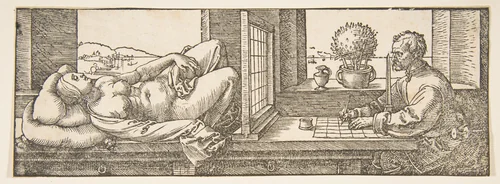 Draughtsman Making a Perspective Drawing of a Reclining Woman by Albrecht Dürer, print, 1595-1605