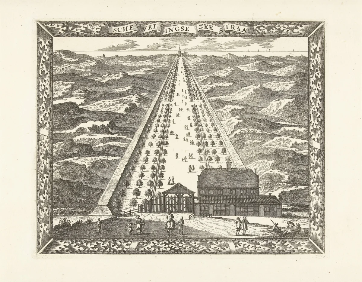 Gezicht op de Scheveningse Zeestraat (Scheveningseweg) by Cornelis Elandts, print, 1681-1728