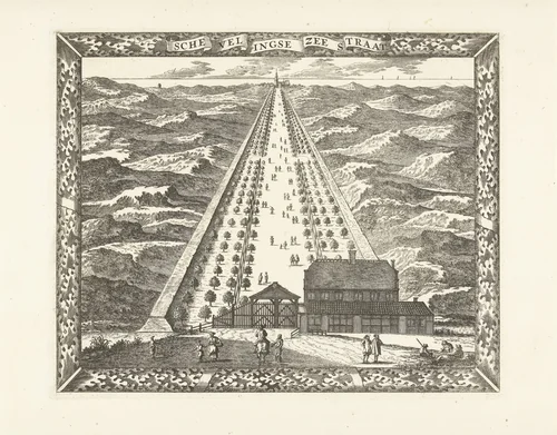 Gezicht op de Scheveningse Zeestraat (Scheveningseweg) by Cornelis Elandts, print, 1681-1728