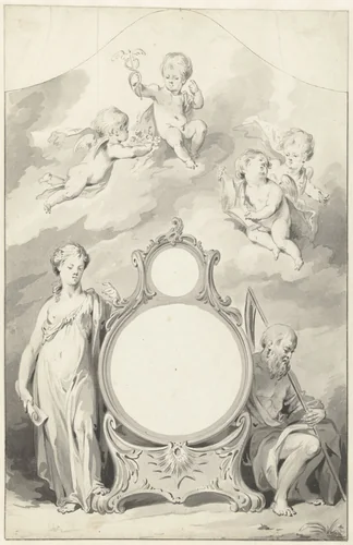 Ontwerp voor de decoratie rond de wijzerplaat van een klok met vleermuisvleugelmotief by Jacobus Buys, drawing, 1734-1801