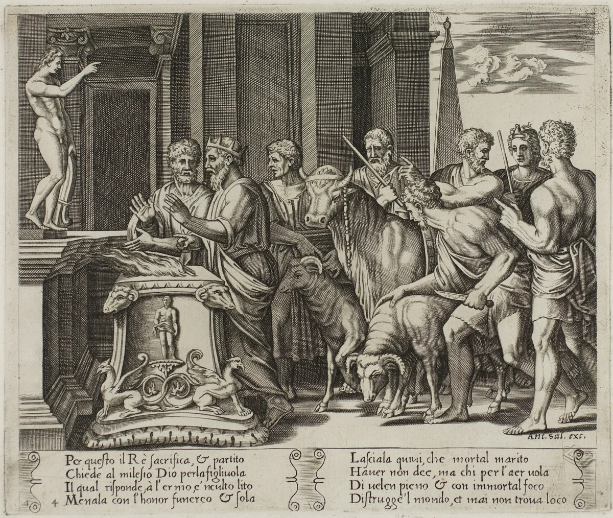 Psyche's Father Consulting the Oracle by Agostino dei Musi, print, 1530-1540
