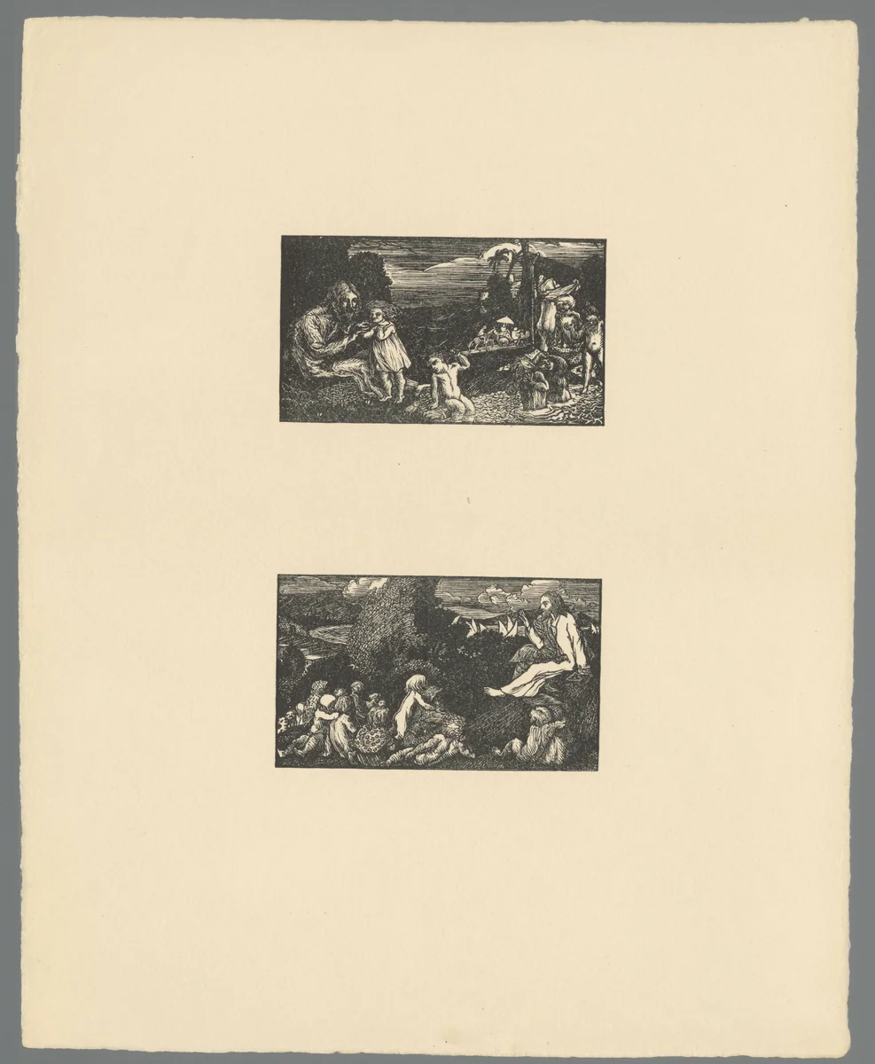 Badende kinderen en landschap met kinderen by Thomas Sturge Moore, print, 1904