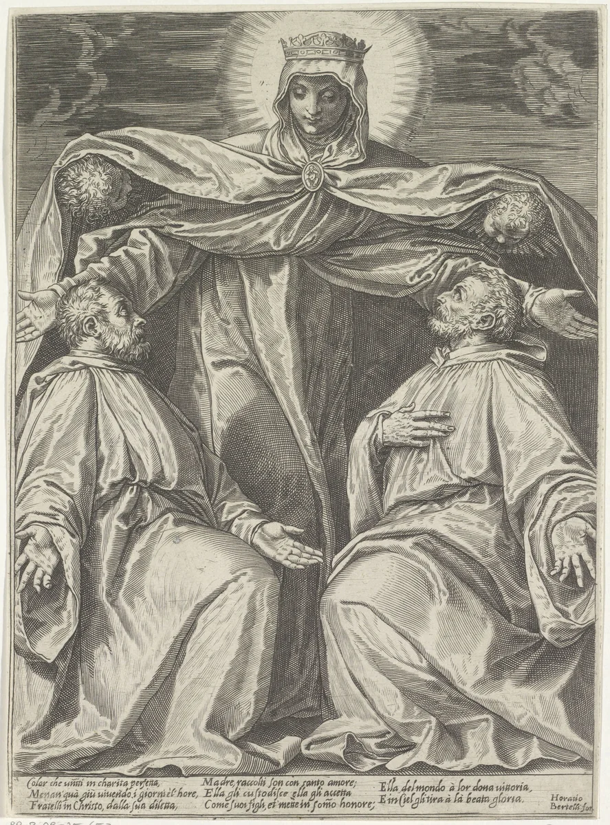 Maria beschermt leden van een broederschap by Agostino Carracci, print, 1582