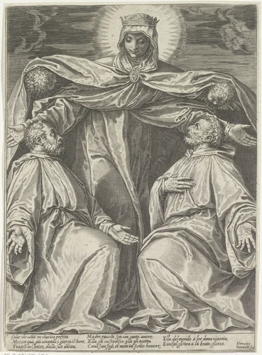 Maria beschermt leden van een broederschap by Agostino Carracci, print, 1582