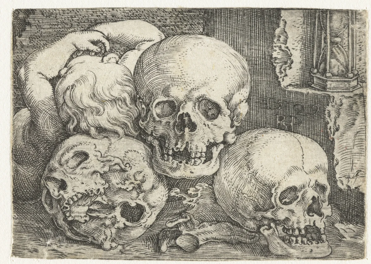 Kind met drie schedels by Unknown, print, 1529