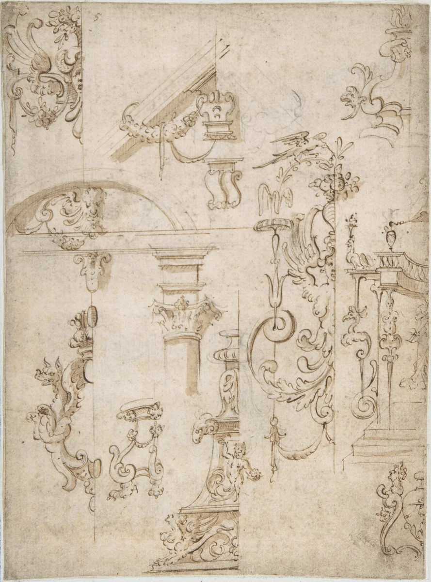 Ornamental sketches with a Griffin and Architectural Elements by anonymous, drawing, 1500-1600