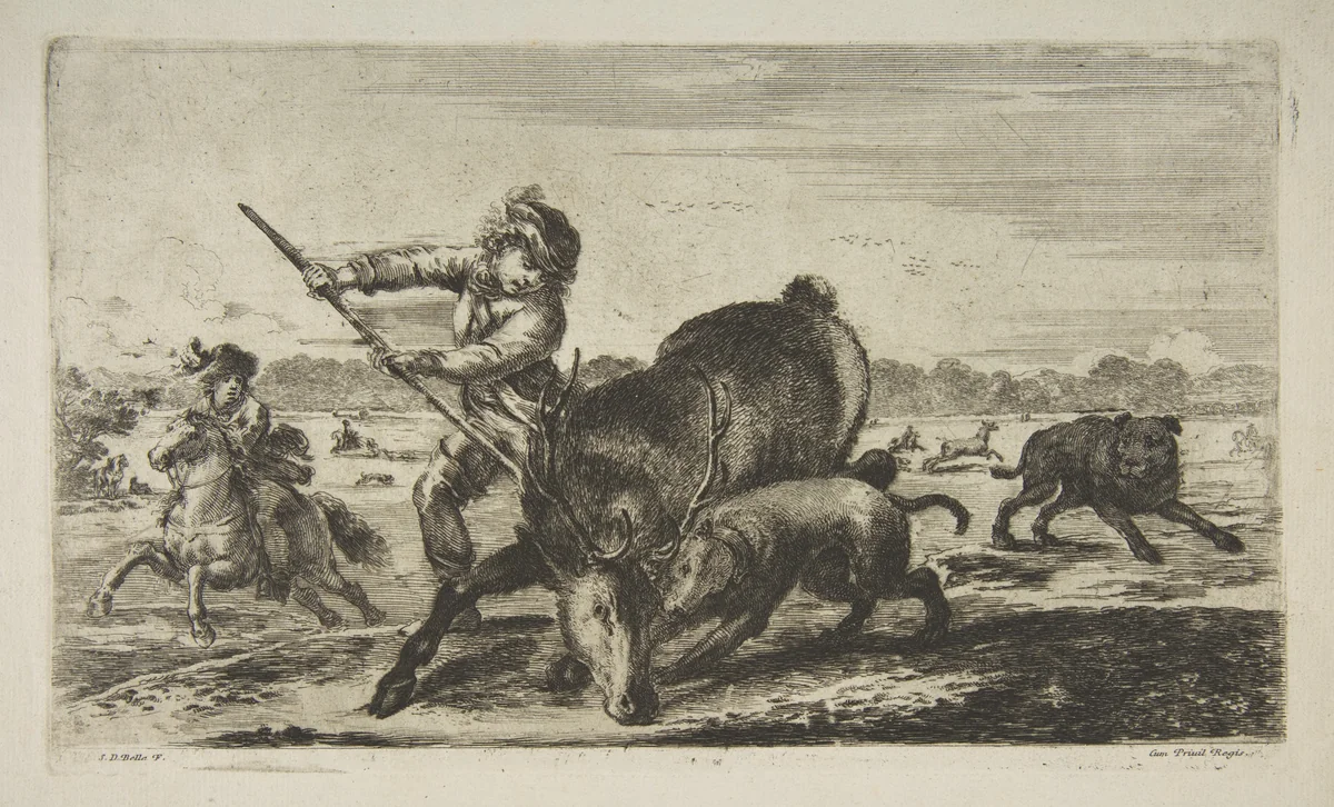 Stag at bay, from 'Animal hunts' (Chasses à différents animaux) by Stefano della Bella, print, 1649-1659