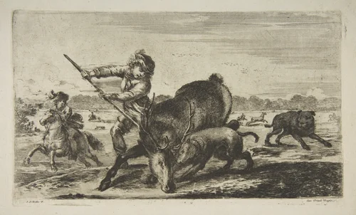Stag at bay, from 'Animal hunts' (Chasses à différents animaux) by Stefano della Bella, print, 1649-1659