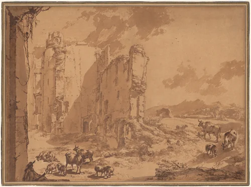 Italianate Landscape with the Ruins of Brederode Castle by Nicolaes Berchem, drawing, 1635-1683