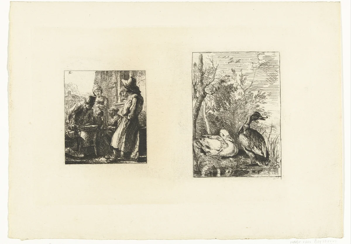 Man die kastanjes poft / Twee eenden by Johannes Arnoldus Boland, print, 1860-1900