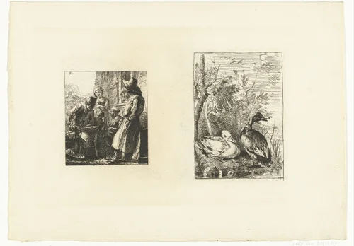 Man die kastanjes poft / Twee eenden by Johannes Arnoldus Boland, print, 1860-1900