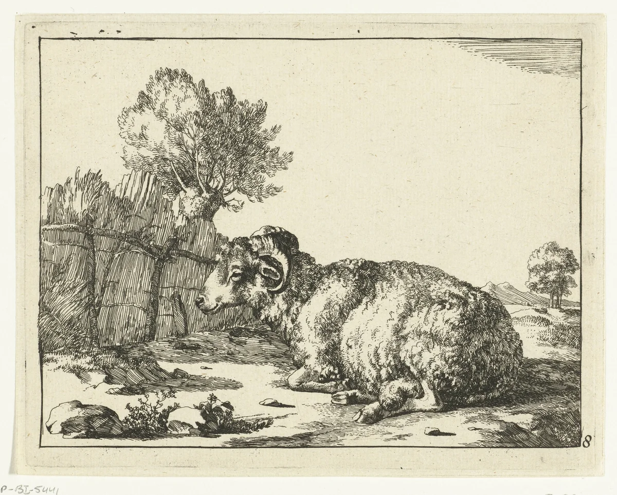 Liggende ram, en profil by Marcus de Bye, print, 1664
