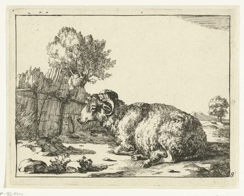 Liggende ram, en profil by Marcus de Bye, print, 1664