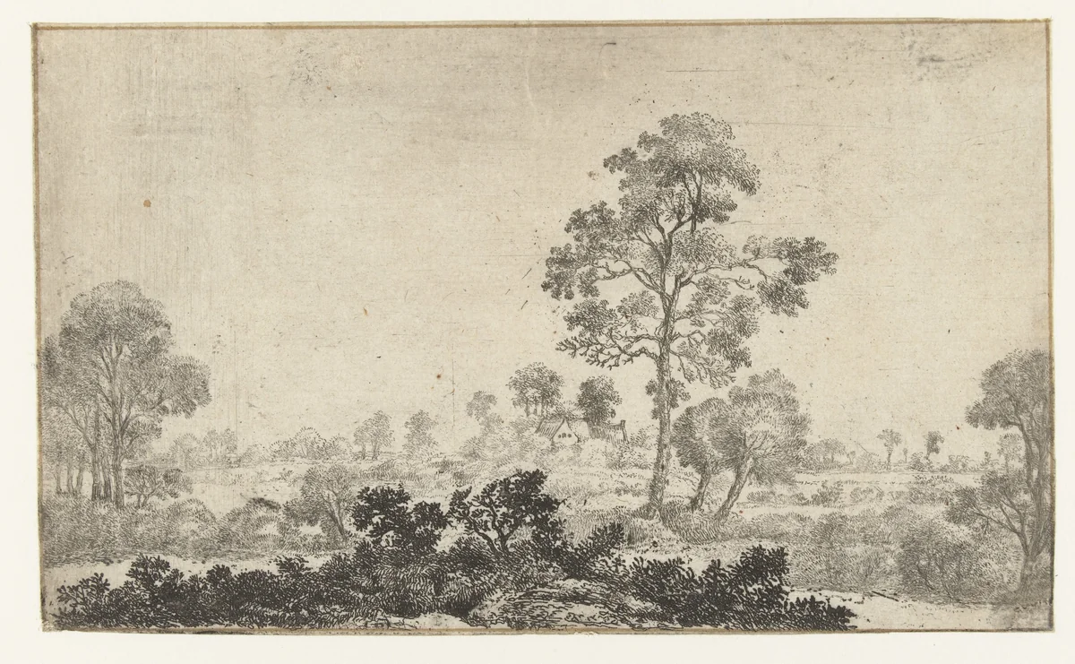 Landschap met twee wilgen bij grote boom by Jan van Brosterhuyzen, print, 1610-1650