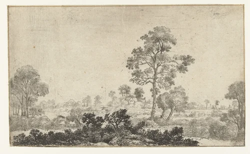 Landschap met twee wilgen bij grote boom by Jan van Brosterhuyzen, print, 1610-1650