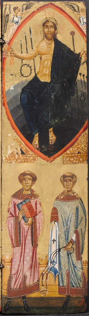 Christ in a Mandorla, with the instruments of the Passion, with St. Stephen and St. Lawrence below by Berlinghiero, painting, 1225-1235