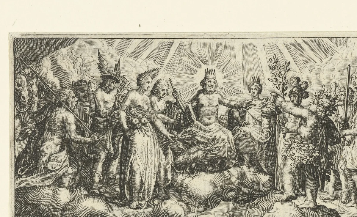 Bacchus biedt Jupiter wijn aan by Jacob Matham, print, 1616