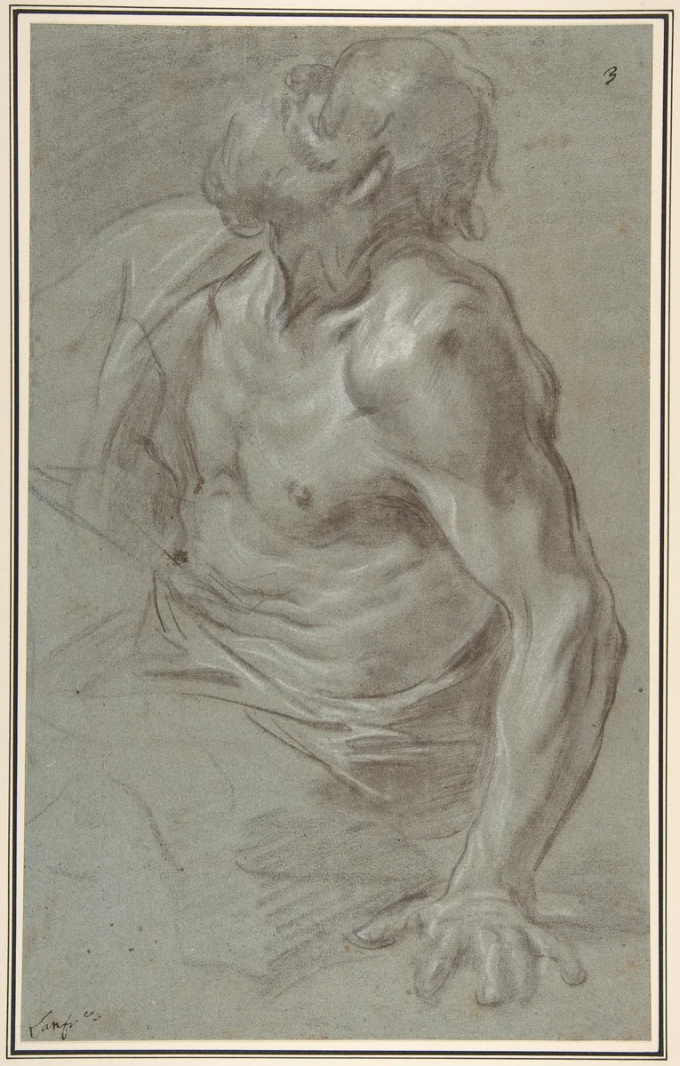 Seated Bearded Male Figure Looking to Upper Left by Giovanni Battista Beinaschi, drawing, 1636-1688
