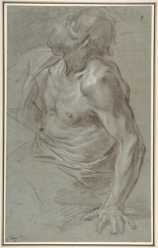 Seated Bearded Male Figure Looking to Upper Left by Giovanni Battista Beinaschi, drawing, 1636-1688
