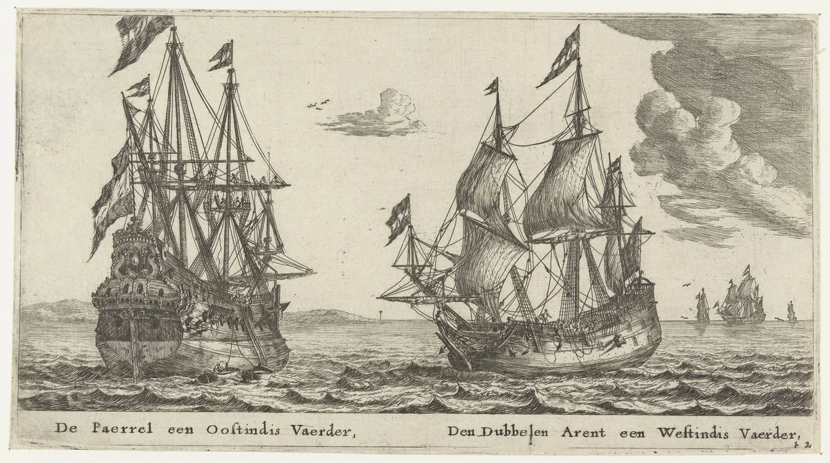 De schepen De Parel en De Dubbele Arend by Reinier Nooms, print, 1652-1654