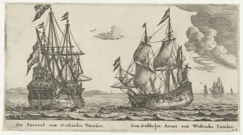 De schepen De Parel en De Dubbele Arend by Reinier Nooms, print, 1652-1654