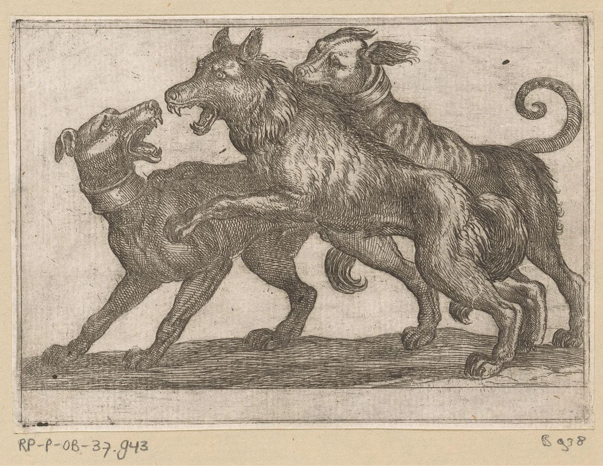 Twee honden in gevecht met een wolf by Antonio Tempesta, print, 1600