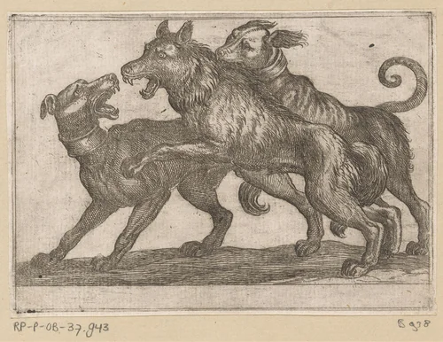 Twee honden in gevecht met een wolf by Antonio Tempesta, print, 1600