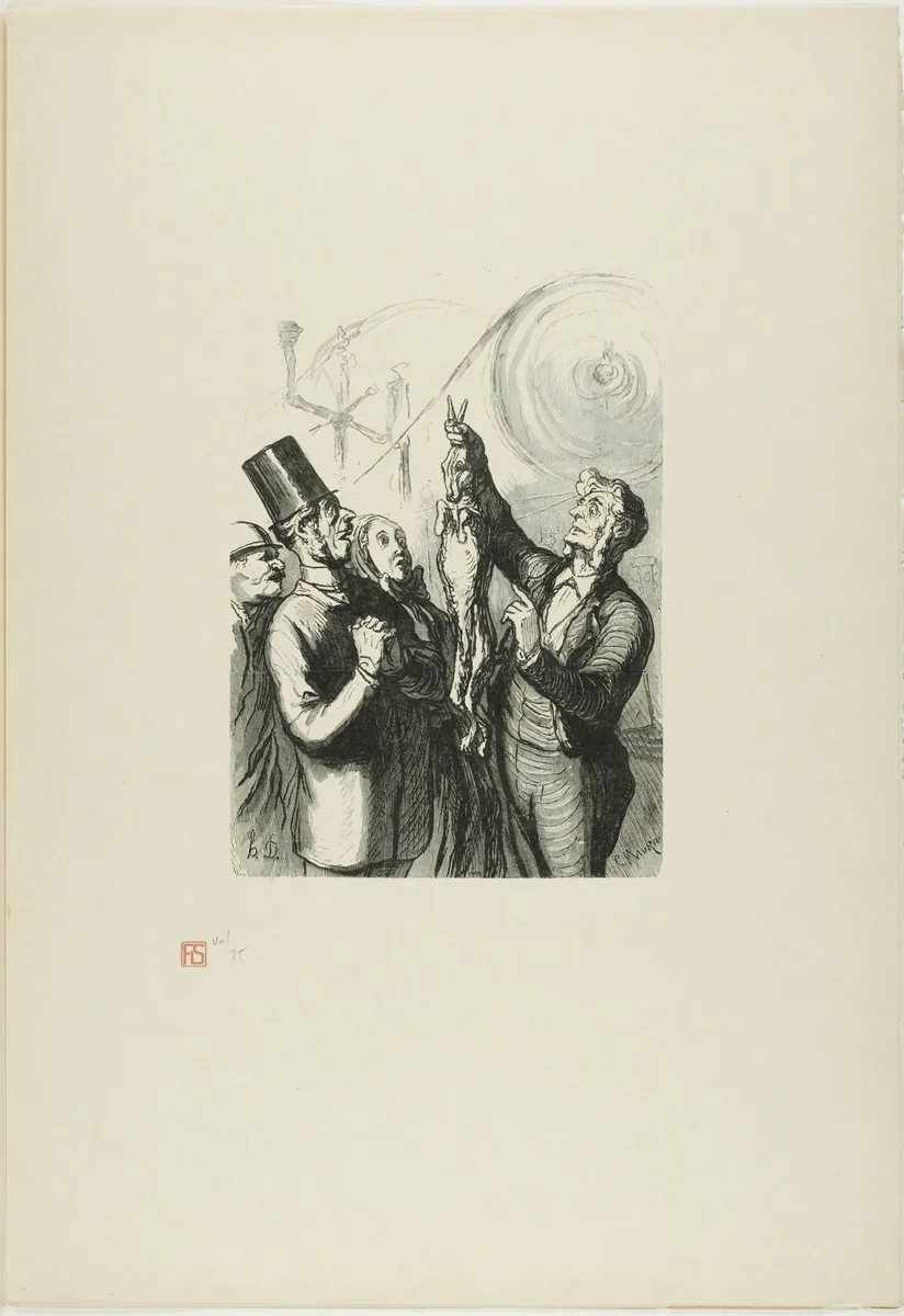 At the Universal Exhibition: The producer of felt hats. Here you can see a live rabbit, which I will dump into the machine like that….. by Charles Maurand, print, 1867