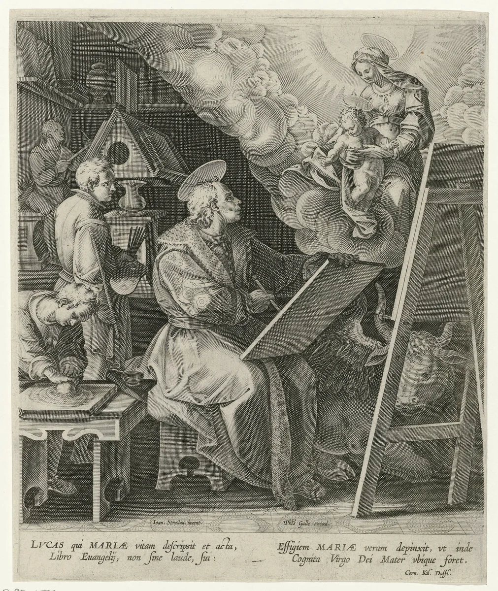 Heilige Lucas schildert Maria met kind by Unknown, print, 1586-1592