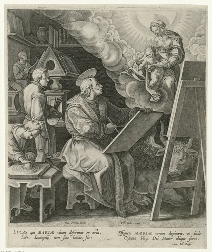 Heilige Lucas schildert Maria met kind by Unknown, print, 1586-1592