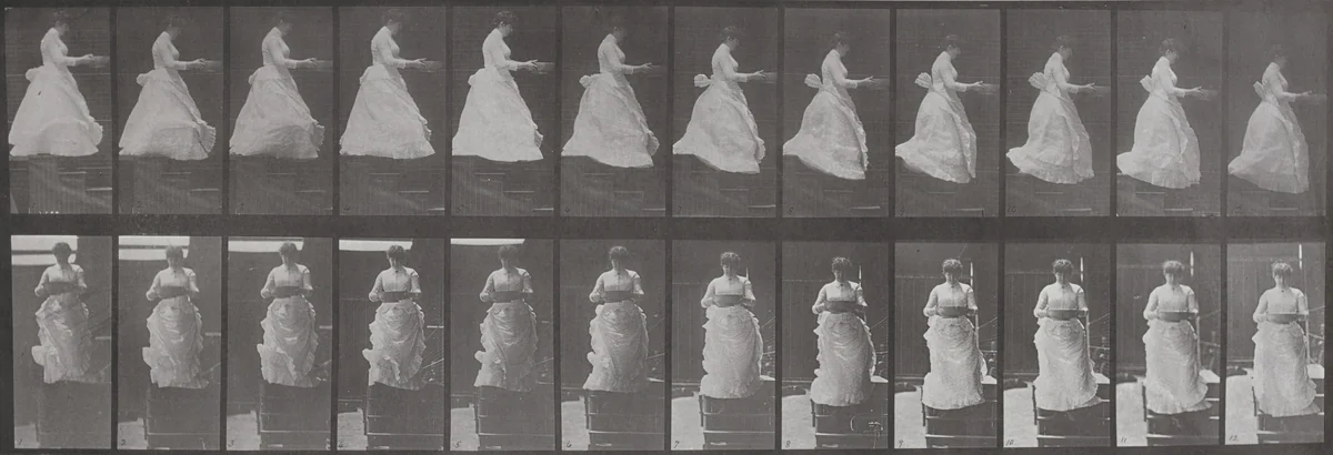 Plate Number 134. Descending stairs with a basin in hands by Eadweard Muybridge, photograph, 1887