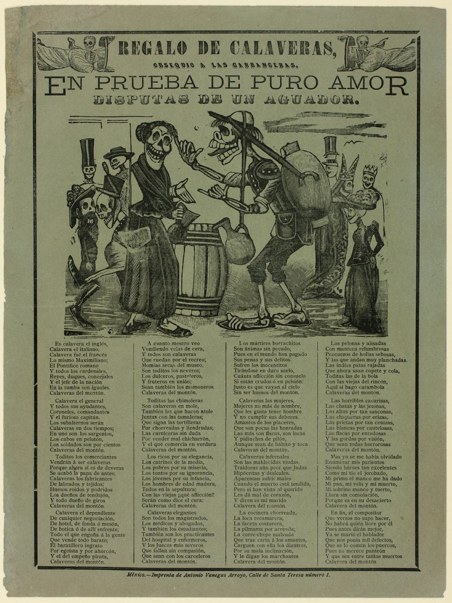Gift of Calaveras, Given to the Chickpea Sellers. As Proof of True Love, Quarrels of a Water Seller by José Guadalupe Posada, print, 1872-1913