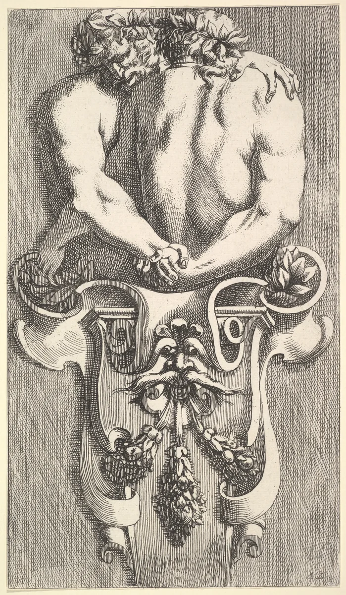 Design for a Term with Two Embracing Satyrs, from: Curieuses recherches de plusieurs beaus morceaus d'ornemens antiques et modernes (...) by Jean Le Pautre, print, 1600-1699