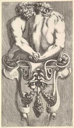 Design for a Term with Two Embracing Satyrs, from: Curieuses recherches de plusieurs beaus morceaus d'ornemens antiques et modernes (...) by Jean Le Pautre, print, 1600-1699