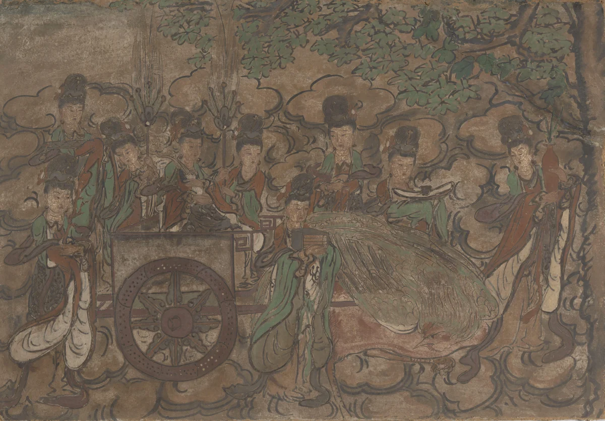 Ingelijste muurschildering voorstellende Xiwangmu en dienaressen by anonymous, painting, 1368-1644
