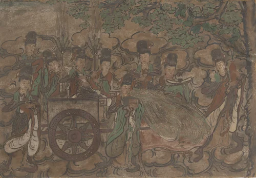 Ingelijste muurschildering voorstellende Xiwangmu en dienaressen by anonymous, painting, 1368-1644