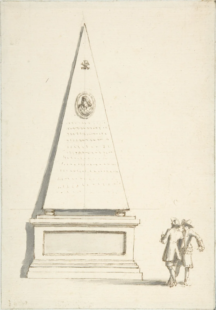 Funerary Monument with Two Male Figures (Santa Maria del Popolo, Cappella Chigi, Rome) by anonymous, drawing, 1700-1800